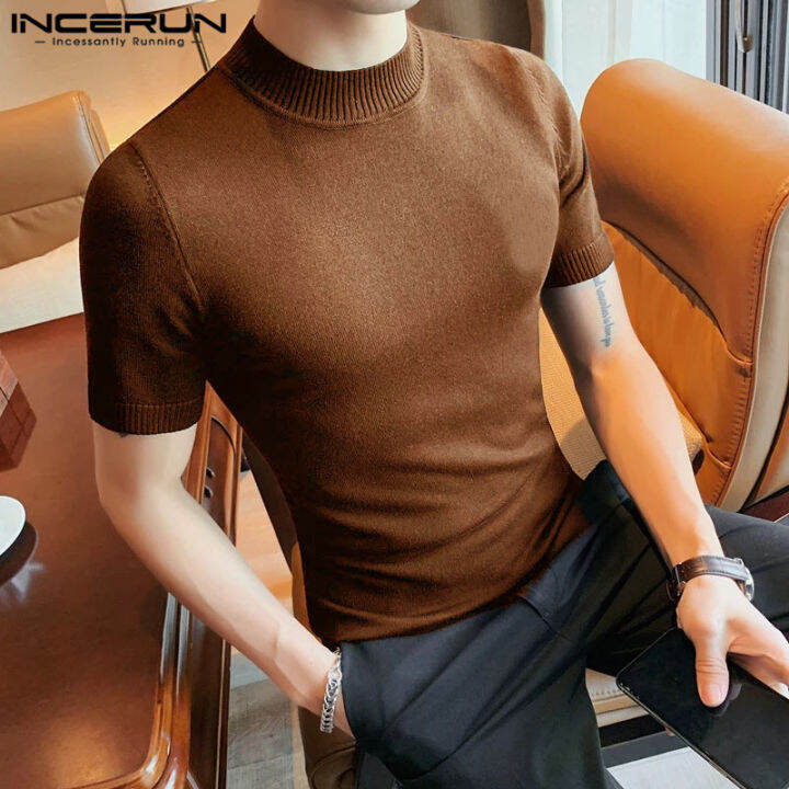 incerun-เสื้อทีเชิ้ตเข้ารูปเสื้อชิ้นบนแขนสั้นลำลองสำหรับฤดูร้อนของผู้ชาย