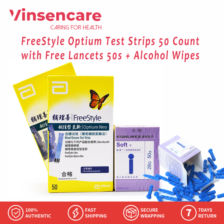 Viancare Freestyle Optium Blood Glucose Test Strips 50 Count with Free