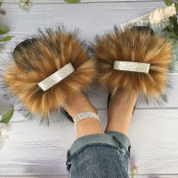 Furry Slides For Women Fluffy Slippers House Faux Fur Slides Flip Flops Ladies Summer Sandals Female Shoe Crystal Bling New 2022