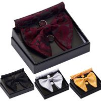 ☎✖ GUSLESON Paisley Big Bow Tie Mens Blue Red Yellow Bowtie Pocket Square Cufflinks Set with Gift Box Silk Wedding Necktie For Man