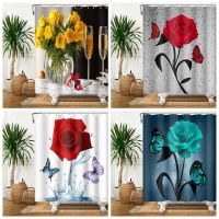 Rose Shower Curtain Romantic Water Floral Butterfly Waterproof Fabric Bathroom Anti-peeping Bathtub Screen with Hooks 180x180