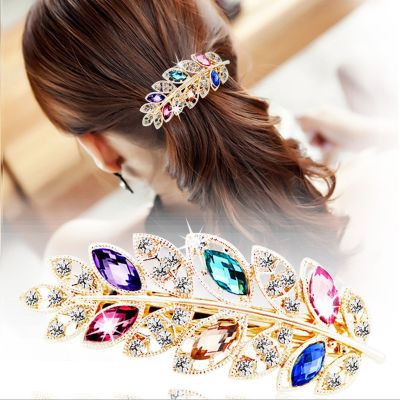 6 Colors Korean Style New Leaf Hair Clips Fashion Rhinestone Alloy Spring Clips Womens Exquisite Hair Accessories Holiday Gifts