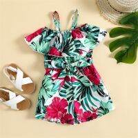 Toddler Baby Girls Summer Romper Leaf Flower/pineapple Print Sleeveless Ruffled Sling Short Jumpsuit 1-piece with Belt