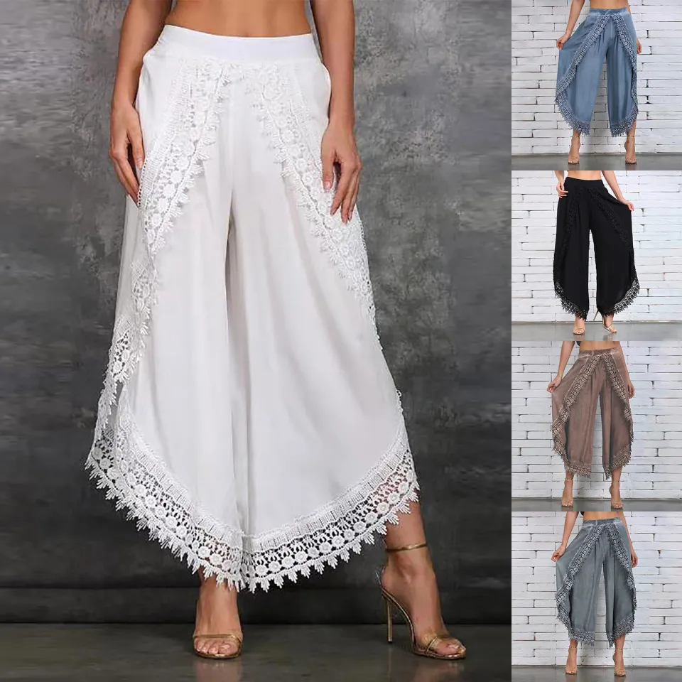 Vintage Boho Wide Leg Trousers for Women Plus Size Cotton Linen Harem Pants  with Patchwork Pockets Elastic Waist Casual Loose Beach Pants :  : Fashion