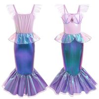 Kids Girls Mermaid Costume Fishtail Dress Sleeveless Shiny Metallic Flounce Peplum Skirt Halloween Birthday Party Cosplay Dress