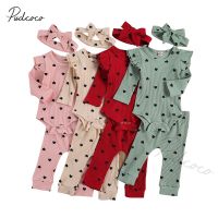 New Born Baby Ribbed Clohtes Suit Girl Boy Heart Print Crew Neck Lace Long Sleeve Top, Long Pants and Hairband 3-piece Suits  by Hs2023