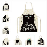 Cute Cat Printed Linen Apron Dress for Woman Men Kids Children Cartoon Animal Halloween Baking Cooking Pink Kitchen Accessories