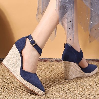 Documentary shoes thick spring point slope bottom hollow high-heeled shoes straw rope soles