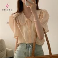 HILADY เสื้อแขนสั้นแบบหลวมแขนพองคอกระดุมแถวเดียวผู้หญิง,เสื้อสีทึบเรียบง่ายและตุ๊กตาน่ารัก