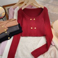 [COD] Double-breasted short long-sleeved red knitted cardigan womens 2022 new autumn and winter Korean version of slim fit jacket