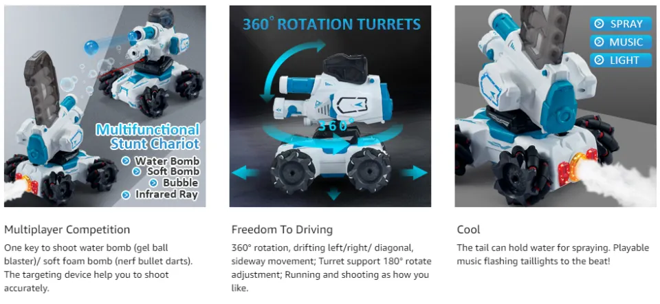  CXJ 3 Head RC Car,Rc Tank Car Shooting Water Bullets Remote  Control Car, Kids 4WD Battle Stunt Car, Blow Bubble, Shoot Foam Darts, 360°Rotating,  LEDs, Music, Toy Gifts for 6-15 Years