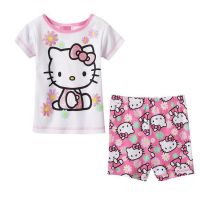 ชุดเสื้อยืด กางเกงขาสั้น ลาย Hello Kitty สีชมพู สีขาว สําหรับเด็กผู้หญิง 2-7 ปี