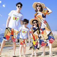 Summer Matching Family Outfits 2021 Mommy and Me Matching Beach Dresses Dad Son Cotton T-shirts+Shorts Matching Couple Outfits