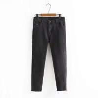 Large  Size Womens Stretchable Black Grey Jeans Midi Waist Solid Color Vintage Slim Denim Pants