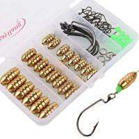 Souilang Fishing Hook Tackle Box Set with Texas Offset Fish Hooks Copper Bullet Sinker Weight Luminous Beads for Fishing