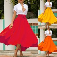 Womens Solid Color High Waist A Line Skirt Fashion Slim Waist Bow Belt Flared Pleated Long Red Orange Yellow Gypsy Maxi Skirt