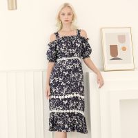 Nitar Helen Dress Navy เดรสปาดไหล่สม็อค แขนจั๊ม สีกรมท่า