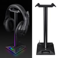 BNMAGIC ที่แขวนหูฟังเล่นเกม RGB สองที่แขวนหูฟังพร้อมที่วางโทรศัพท์ &amp; 2เครื่องชาร์จ USB สำหรับคอมพิวเตอร์ตั้งโต๊ะหูฟังพร้อมไมโครโฟนสำหรับเครื่องเล่นเกมส์อุปกรณ์เสริม