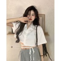 Japanese Style Polo Collar Shoulder Short-Sleeved Shirt Womens Summer Design Sense Niche Short Top Small White Shirt