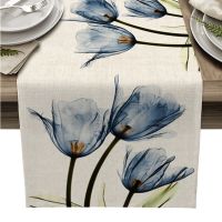 【LZ】✁卍  Blue Tulip Table Runner for Wedding Hotel Party Table Runners Modern Cake Floral Tablecloth Home Decoration Chemin De Table