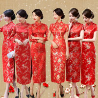 สีแดงจีนเจ้าสาวงานแต่งงาน Qipao ชุดเซ็กซี่ผู้หญิงซาตินแขนสั้น Cheongsam Dragon Phoenix Vestidos S M L XL XXL