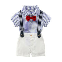 ASummer แฟชั่นสุภาพบุรุษชายเสื้อผ้าชุดเด็กแขนสั้น Bowtie เสื้อ Suspenders กางเกงขาสั้นเสื้อผ้าอย่างเป็นทางการ2Pcs Suits