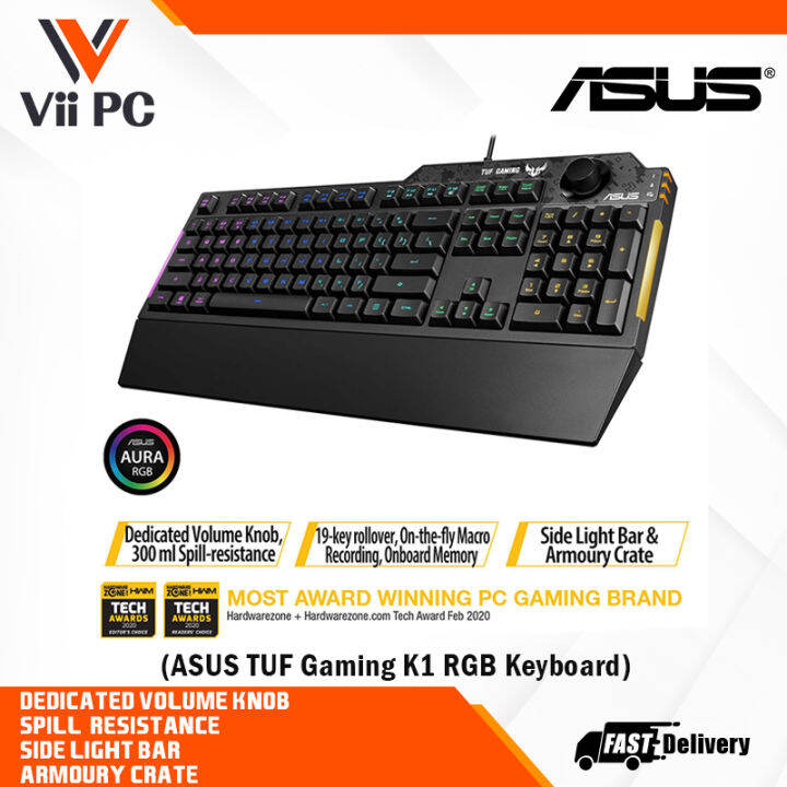 ASUS TUF Gaming K1 RGB keyboard with dedicated volume knob, spillresistance, side light bar and