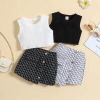 Toddler Girls Summer 2PCS Outfit Sets Solid Color Sleeveless Ribbed Vest + Irregular Button Skirt  by Hs2023