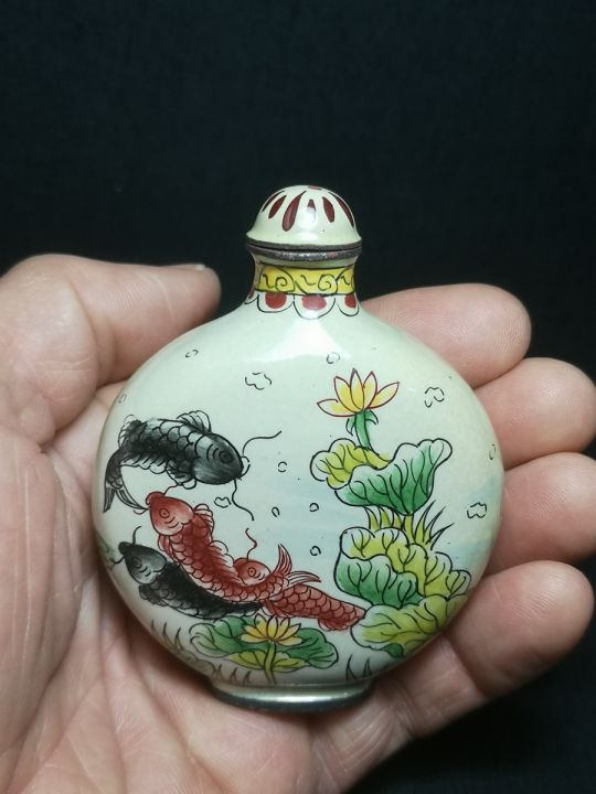yizhu-cultuer-art-collected-old-china-cloisonne-painting-lovely-fish-lotus-snuff-bottle-decoration