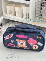 Denim retro pencil bag cartoon sticker large capacity pencil stationery bag portable stationery box for junior high school and elementary school students 【JYUE】