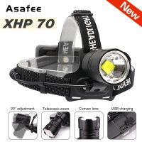 Asafee ไฟหน้าไฟฉายคาดศีรษะ LED XHP70อันทรงพลังไฟฉายคาดศีรษะ3โหมดโดยใช้หลอดไฟฉายเพาเวอร์ซูม18650ไฟฉายคาดศีรษะ