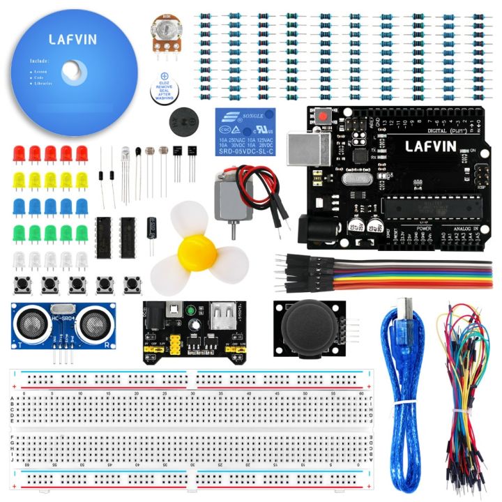 hot-on-sale-fuchijin77-lafvin-สำหรับ-arduino-สตาร์ทเตอร์พื้นฐานสำหรับ-r3-uno-พร้อมเบรดบอร์ดตัวต้านทานแอลอีดีสายจัมเปอร์และกำลังไฟ