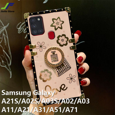 JieFie น้ำหอมหรูสำหรับ Samsung Galaxy A21S / A02S / A03S / A02 / A03 / A11 / A21 / A31 / A51/A71แฟชั่นดอกไม้ประกาย Square Chrome TPU + ขาตั้งแหวน