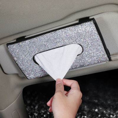 【CW】 Car Tissue Holder Hanging Leather Crystals Rhinestone Paper Cover for Accessories