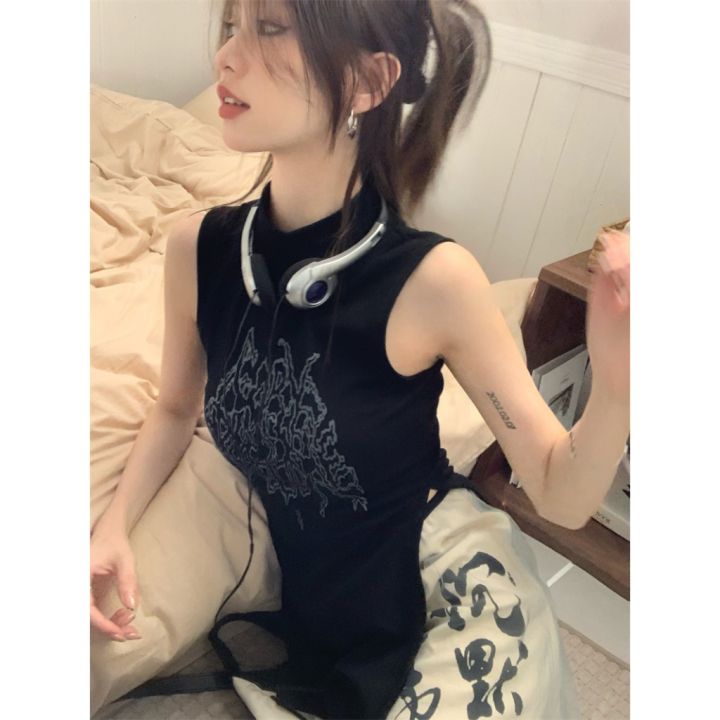 kumikumi-เสื้อยืดครอปท็อป-แขนกุด-คอสูง-สไตล์จีนวินเทจ-v728
