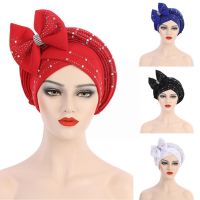 New Fashion African Headtie Diamonds Wedding Party to Headscarf Instand Ready Turban Caps Gele Muslim Bow tie Hijab Wear Au R4V5