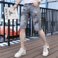 Summer Thin Cropped Pants Slim Stretch Embroidery Print Trend Mens Casual Pants Denim Shorts