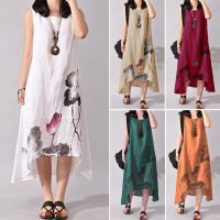 COD DSTGRTYTRUYUY Women Summer Sleeveless Floral Print Loose Maxi Dress Cotton Linen