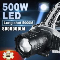 ไฟหน้า LED พลังงานสูง500W ไฟฉายหัวชาร์จซ้ำได้ USB 5000เมตรโคมไฟโคมไฟศีรษะซูมไฟหน้ารถมอเตอร์ไซค์แบบ LED ระยะไกล