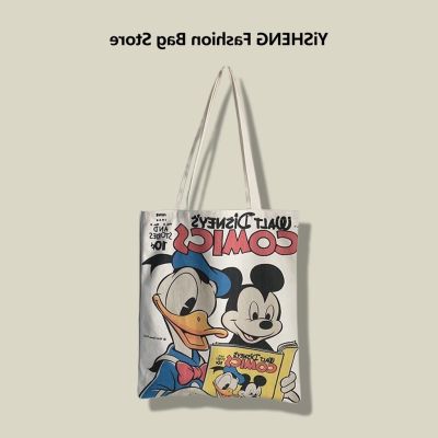 COD DSFGERERERER Canvas tote korean sling bag Large Capacity Canvas Casual fashion Donald Duck Mickey Mouse Aesthetic bag with zipper