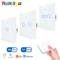 ❂✟✈ 1/2/3 Gang WiFi RF Light Switch Tuya Smart Touch Wall Switch 220V 10A Timer with 433MHz Remote Controller Work with Alexa Google