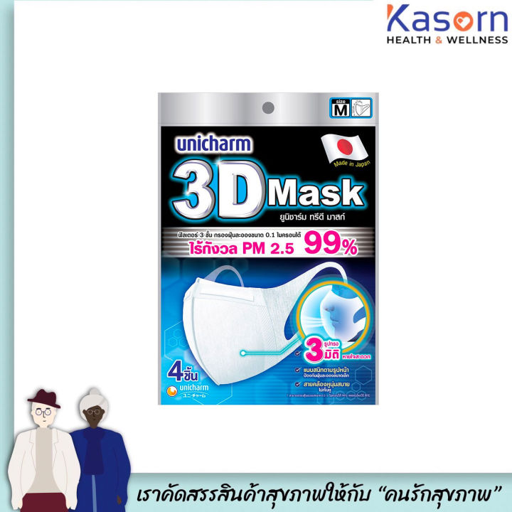 Unicharm 3D Mask ผู้ใหญ่ 4ชิ้น ป้องกันฝุ่น PM2.5 มี 2 ขนาด หน้ากาก อนามัย  กันฝุ่น n95 PM2.5 แบบคล้องหู ฟ้า (5676)