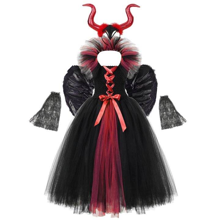 maleficent-ชุดเครื่องแต่งกายวันฮาโลวีนชุดเดรสสีดำหรูหราสำหรับเด็กผู้หญิงชุดเดรสสีดำหรูหราคอสเพลย์ปีศาจชุดราชินีแม่มด