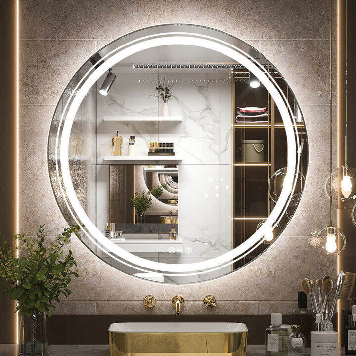 LUVODI 24'' Round LED Bathroom Mirror Wall Mounted Backlit Vanity ...