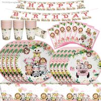 ▦✠❇ Pink Jungle Birthday Party Disposable Tableware Set Pink Jungle Plates Cups Napkins Girls Jungle Wild One Birthday Decorations