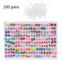 {Han ornaments}100คู่คละรูปแบบ Polymer Clay Hypoallergenic Stud Earrings Lot สำหรับเด็ก