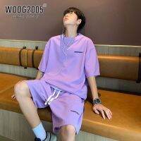 【Hot Sale】 Dopamine suit mens summer purple short-sleeved two-piece with a handsome set