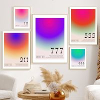 Hanxuelioo Vibrant Angel Number Aura Energy Wall Art: Nordic Gradient Hue ผ้าใบพิมพ์และโปสเตอร์สำหรับตกแต่งห้องนั่งเล่น