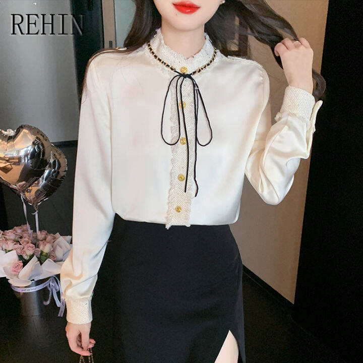 rehin-เสื้อเชิ้ตผ้าชีฟองเกาหลีแฟชั่นแบบใหม่สำหรับผู้หญิง-เสื้อเชิ้ตผ้าชีฟองติดโบว์กับเนคไทดีไซน์หรูหราสำหรับแขนยาวฤดูใบไม้ผลิ