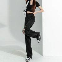 [COD] Women Black Ripped High Waist Slimmer Look Jeans Summer New Style ins Trend All-Match Loose Wide-Leg Pants~801